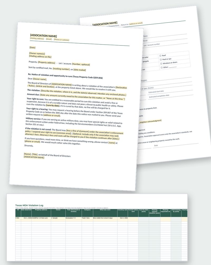 Pages from the Texas kit: a fill-in violation notice, an architectural request form and the violation log spreadsheet